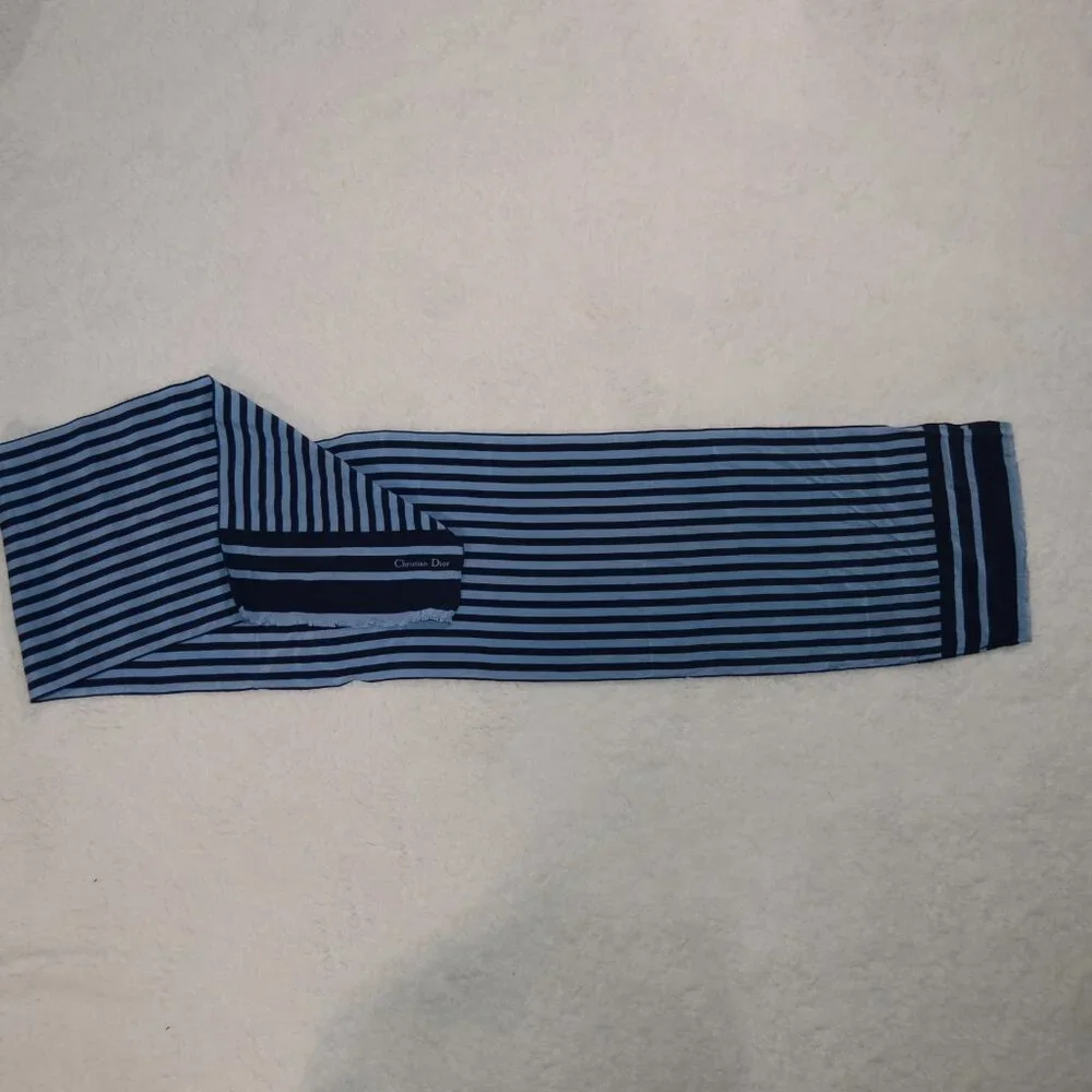 Vintage Chrsitian Dior silk twilly scarf light & dark blue striped sash scarf